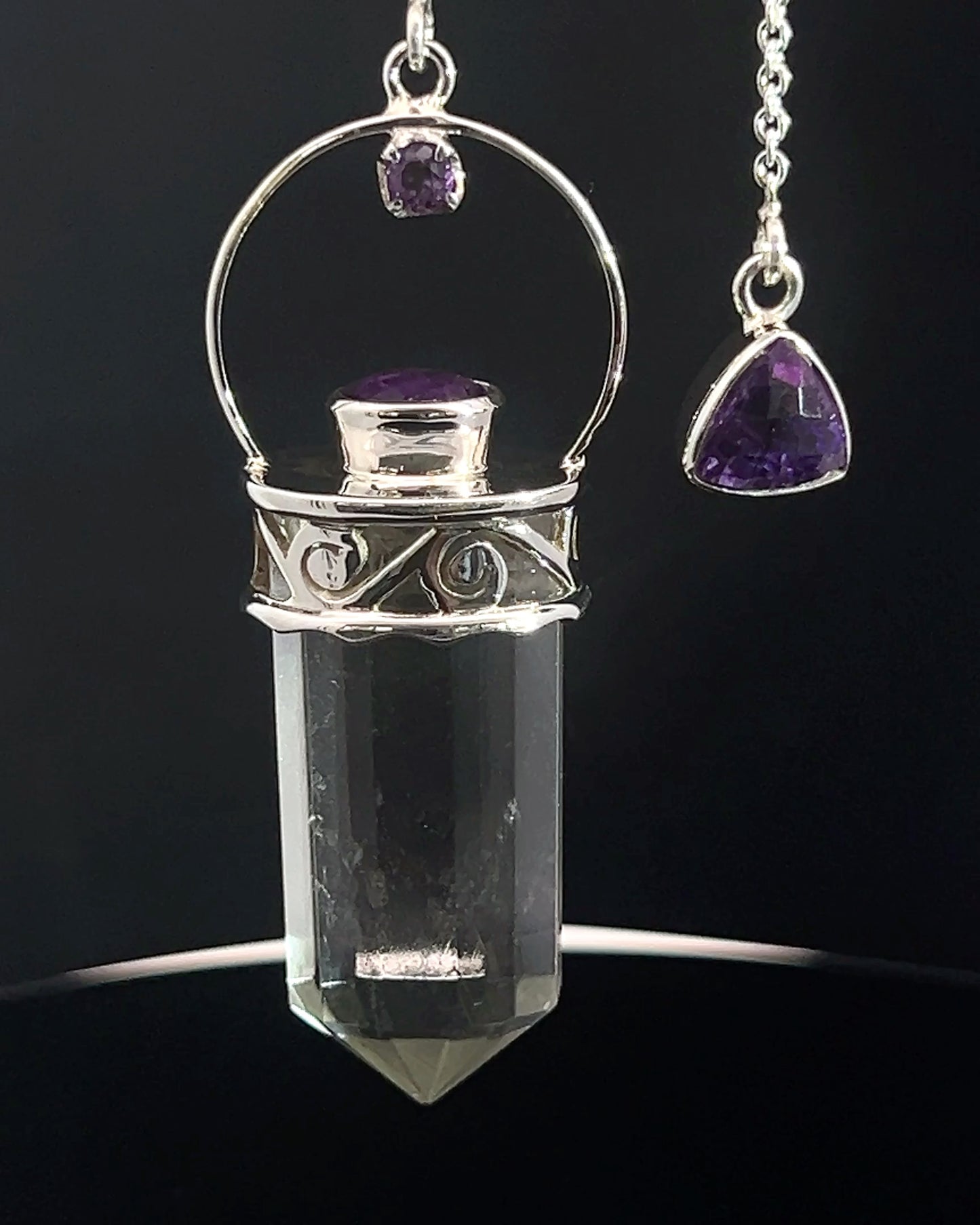 Straight 12 facet Crystal Point w/ Facetted Amethyst Accents in .925 Silver Setting w/ Fancy Cutwork Patterns as a Pendulum