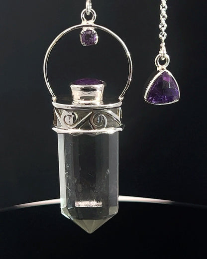 Straight 12 facet Crystal Point w/ Facetted Amethyst Accents in .925 Silver Setting w/ Fancy Cutwork Patterns as a Pendulum