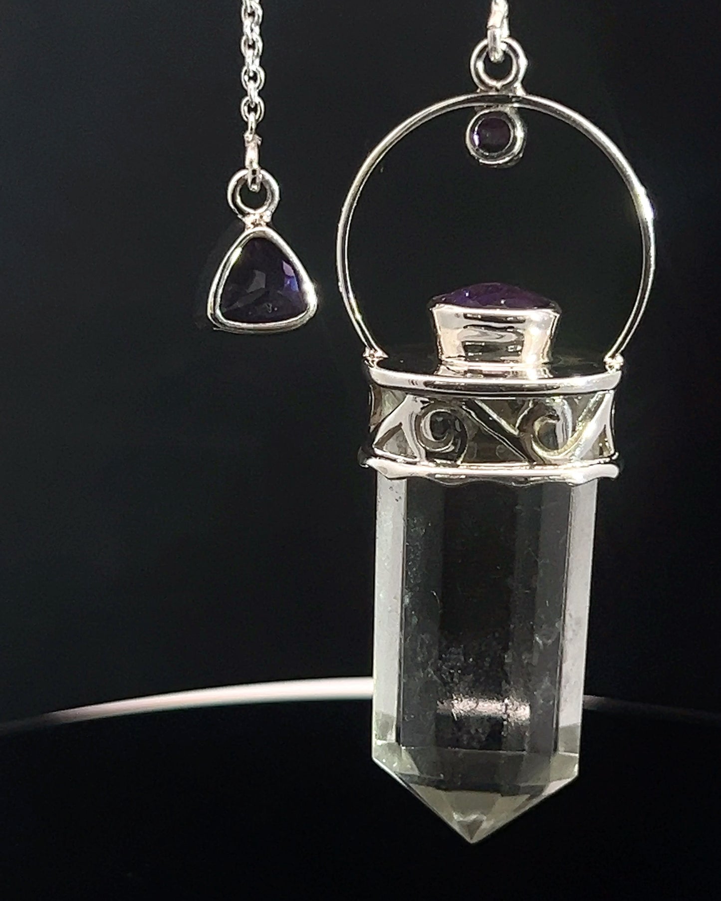 Straight 12 facet Crystal Point w/ Facetted Amethyst Accents in .925 Silver Setting w/ Fancy Cutwork Patterns as a Pendulum