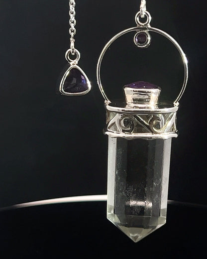 Straight 12 facet Crystal Point w/ Facetted Amethyst Accents in .925 Silver Setting w/ Fancy Cutwork Patterns as a Pendulum