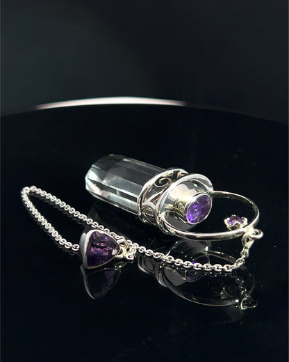 Straight 12 facet Crystal Point w/ Facetted Amethyst Accents in .925 Silver Setting w/ Fancy Cutwork Patterns as a Pendulum