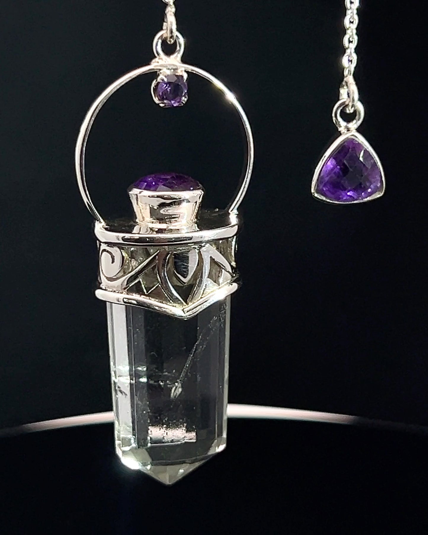 Straight 12 facet Crystal Point w/ Facetted Amethyst Accents in .925 Silver Setting w/ Fancy Cutwork Patterns as a Pendulum