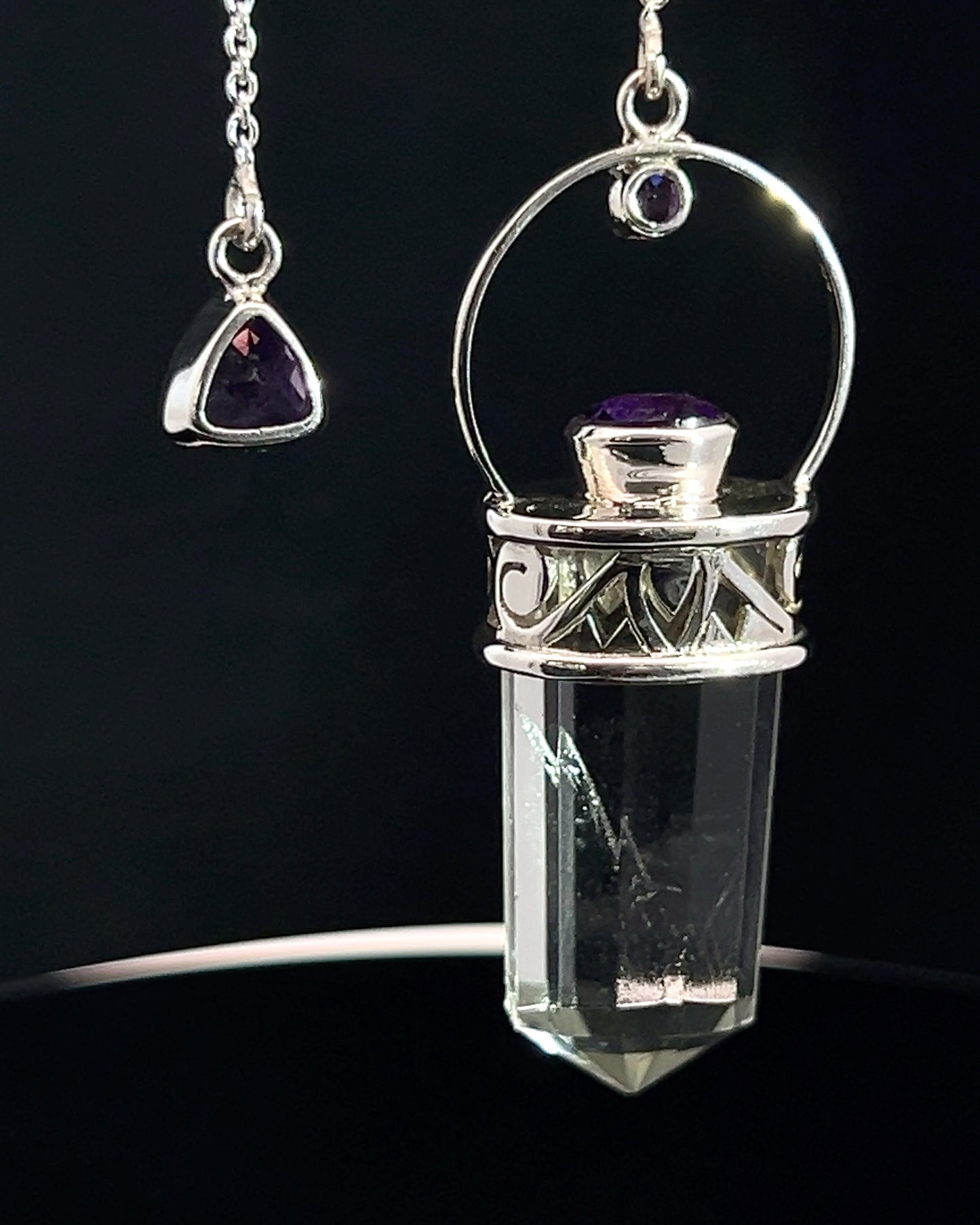 Straight 12 facet Crystal Point w/ Facetted Amethyst Accents in .925 Silver Setting w/ Fancy Cutwork Patterns as a Pendulum