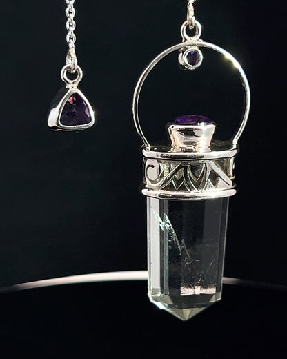 Straight 12 facet Crystal Point w/ Facetted Amethyst Accents in .925 Silver Setting w/ Fancy Cutwork Patterns as a Pendulum