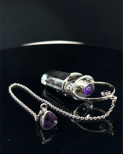 Straight 12 facet Crystal Point w/ Facetted Amethyst Accents in .925 Silver Setting w/ Fancy Cutwork Patterns as a Pendulum