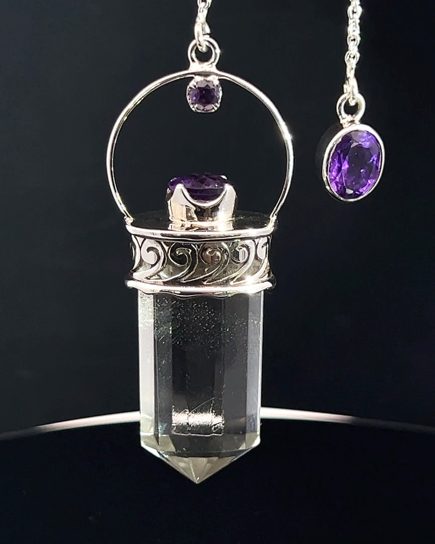 Straight 12 facet Crystal Point w/ Facetted Amethyst Accents in .925 Silver Setting w/ Fancy Cutwork Patterns as a Pendulum