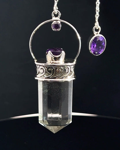 Straight 12 facet Crystal Point w/ Facetted Amethyst Accents in .925 Silver Setting w/ Fancy Cutwork Patterns as a Pendulum