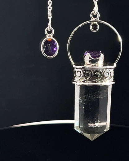 Straight 12 facet Crystal Point w/ Facetted Amethyst Accents in .925 Silver Setting w/ Fancy Cutwork Patterns as a Pendulum