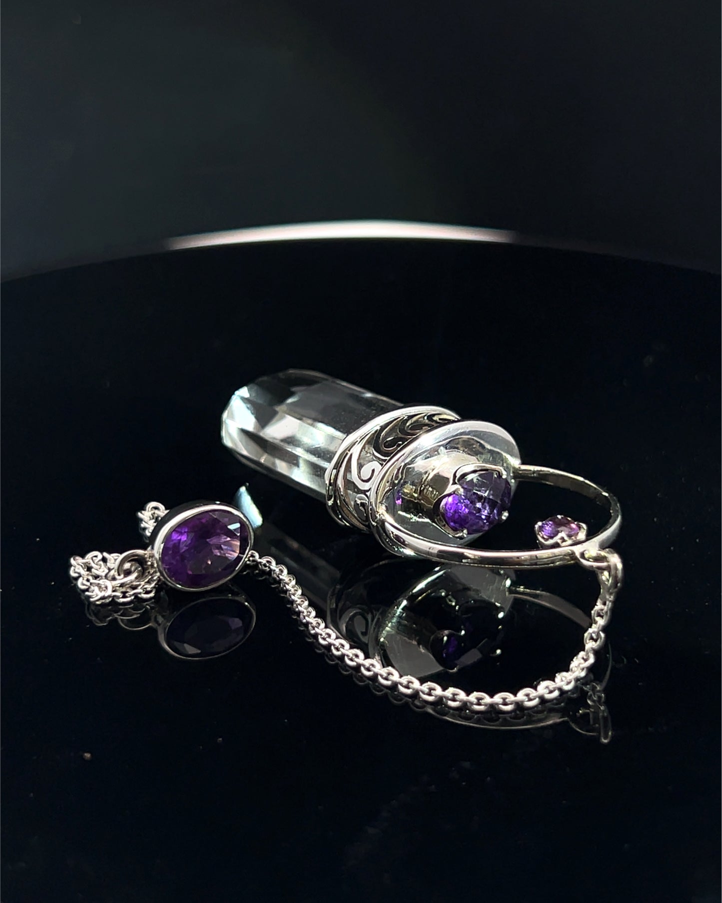 Straight 12 facet Crystal Point w/ Facetted Amethyst Accents in .925 Silver Setting w/ Fancy Cutwork Patterns as a Pendulum