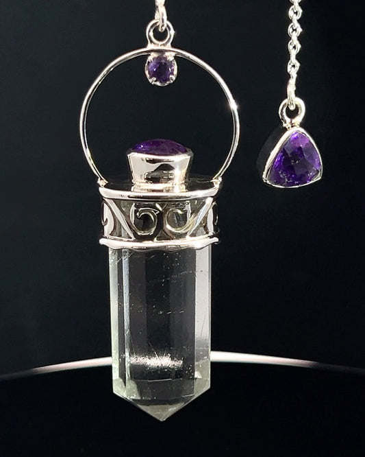 Straight 12 facet Crystal Point w/ Facetted Amethyst Accents in .925 Silver Setting w/ Fancy Cutwork Patterns as a Pendulum