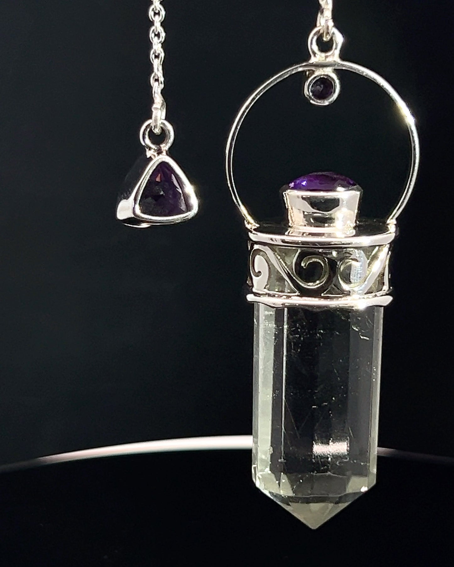 Straight 12 facet Crystal Point w/ Facetted Amethyst Accents in .925 Silver Setting w/ Fancy Cutwork Patterns as a Pendulum
