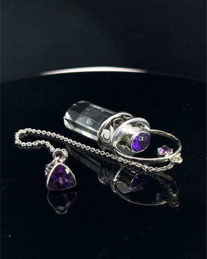 Straight 12 facet Crystal Point w/ Facetted Amethyst Accents in .925 Silver Setting w/ Fancy Cutwork Patterns as a Pendulum
