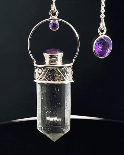 Straight 12 facet Crystal Point w/ Facetted Amethyst Accents in .925 Silver Setting w/ Fancy Cutwork Patterns as a Pendulum