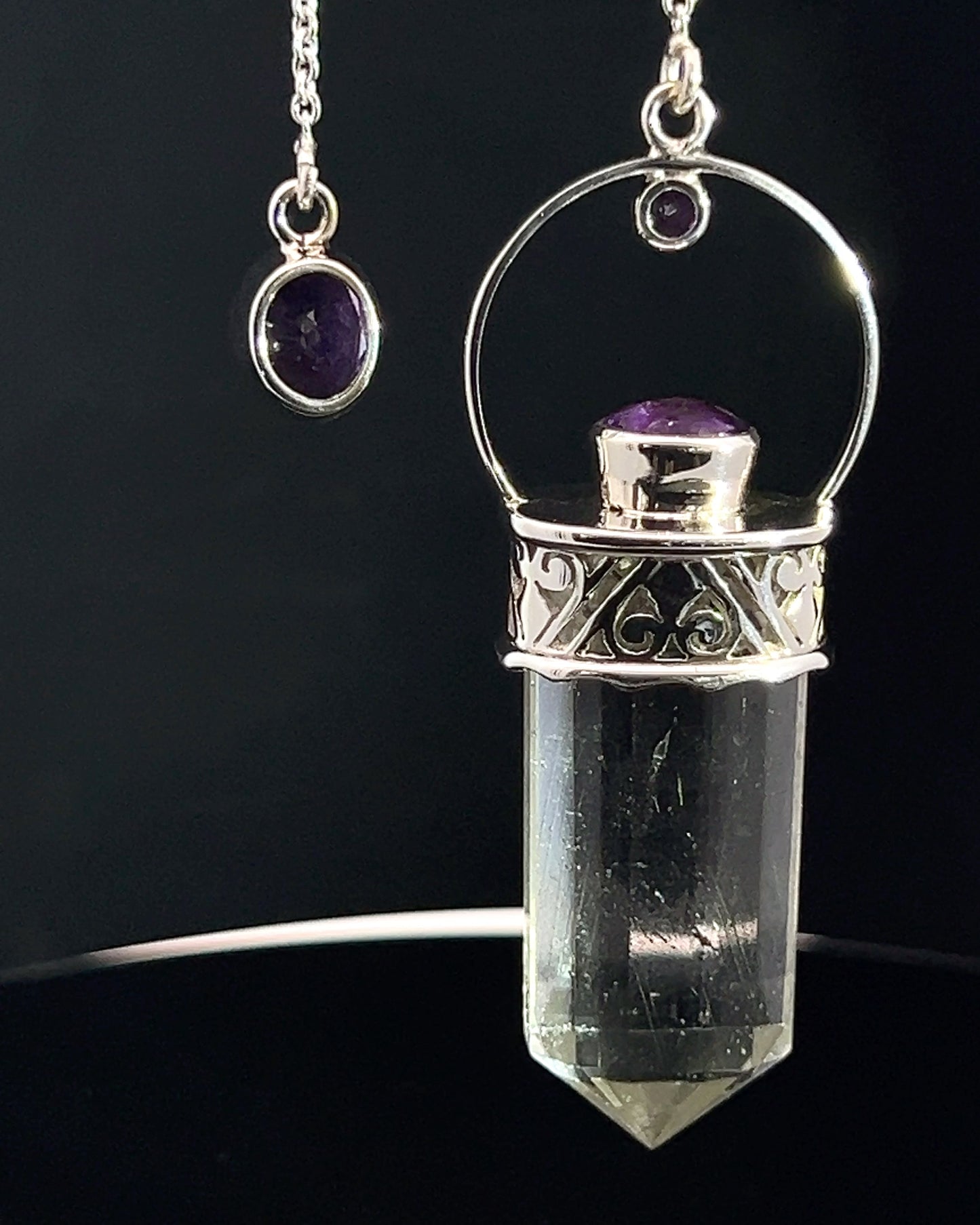 Straight 12 facet Crystal Point w/ Facetted Amethyst Accents in .925 Silver Setting w/ Fancy Cutwork Patterns as a Pendulum