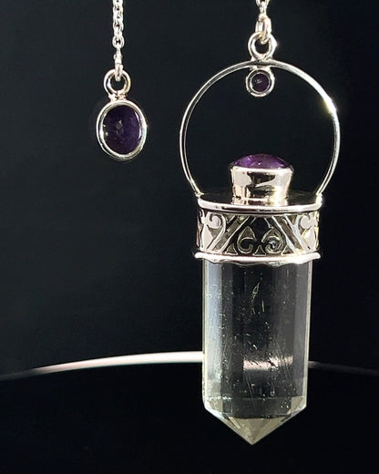 Straight 12 facet Crystal Point w/ Facetted Amethyst Accents in .925 Silver Setting w/ Fancy Cutwork Patterns as a Pendulum
