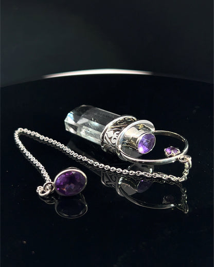 Straight 12 facet Crystal Point w/ Facetted Amethyst Accents in .925 Silver Setting w/ Fancy Cutwork Patterns as a Pendulum