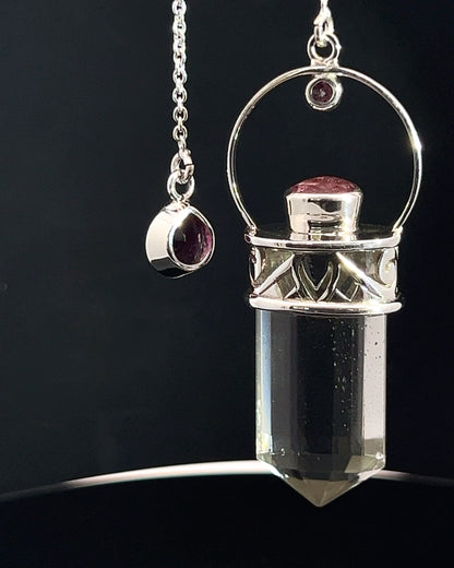 Straight 12 facet Crystal Point w/ Facetted Red Turmaline Accents in .925 Silver Setting w/ Fancy Cutwork Patterns as a Pendulum