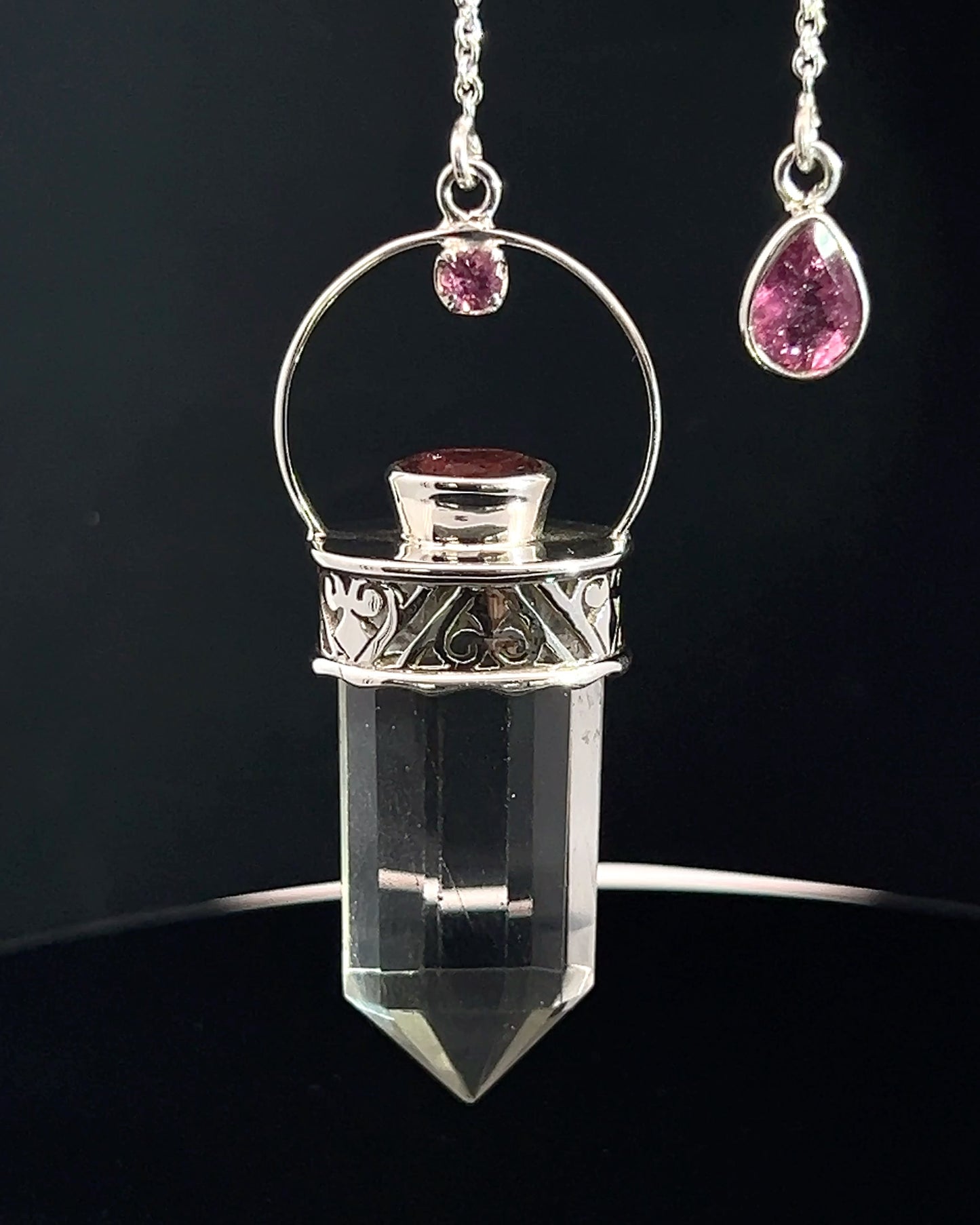 Straight 12 facet Crystal Point w/ Facetted Red Turmaline Accents in .925 Silver Setting w/ Fancy Cutwork Patterns as a Pendulum