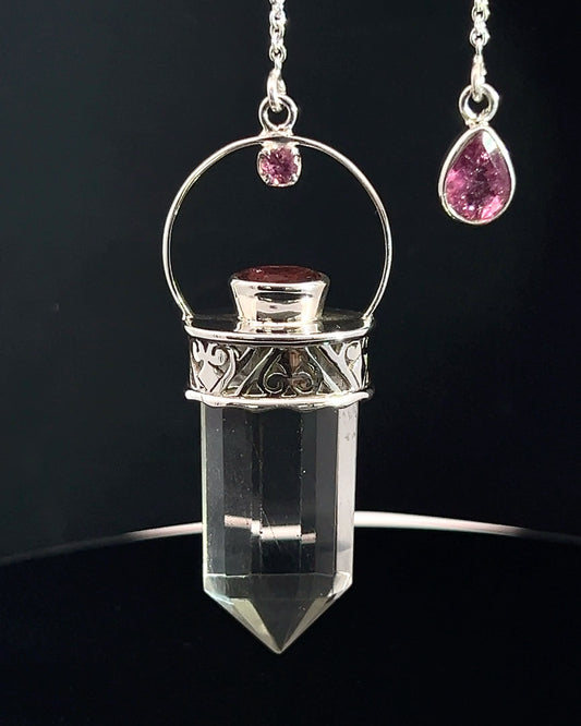 Straight 12 facet Crystal Point w/ Facetted Red Turmaline Accents in .925 Silver Setting w/ Fancy Cutwork Patterns as a Pendulum