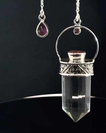 Straight 12 facet Crystal Point w/ Facetted Red Turmaline Accents in .925 Silver Setting w/ Fancy Cutwork Patterns as a Pendulum