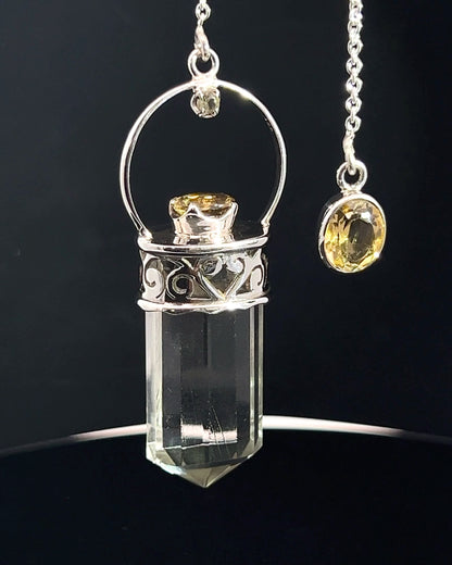 Straight 12 facet Crystal Point w/ Facetted Citrine Accents in .925 Silver Setting w/ Fancy Cutwork Design as a Pendulum