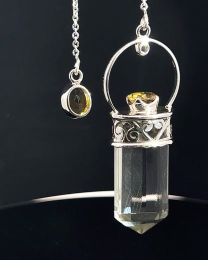 Straight 12 facet Crystal Point w/ Facetted Citrine Accents in .925 Silver Setting w/ Fancy Cutwork Design as a Pendulum