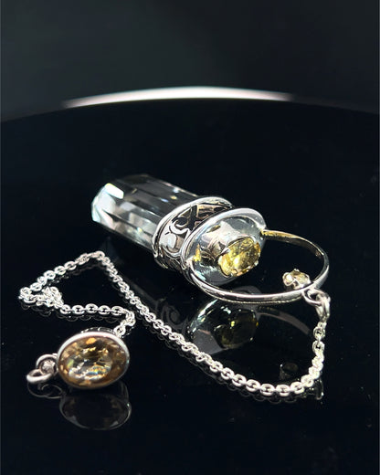 Straight 12 facet Crystal Point w/ Facetted Citrine Accents in .925 Silver Setting w/ Fancy Cutwork Design as a Pendulum