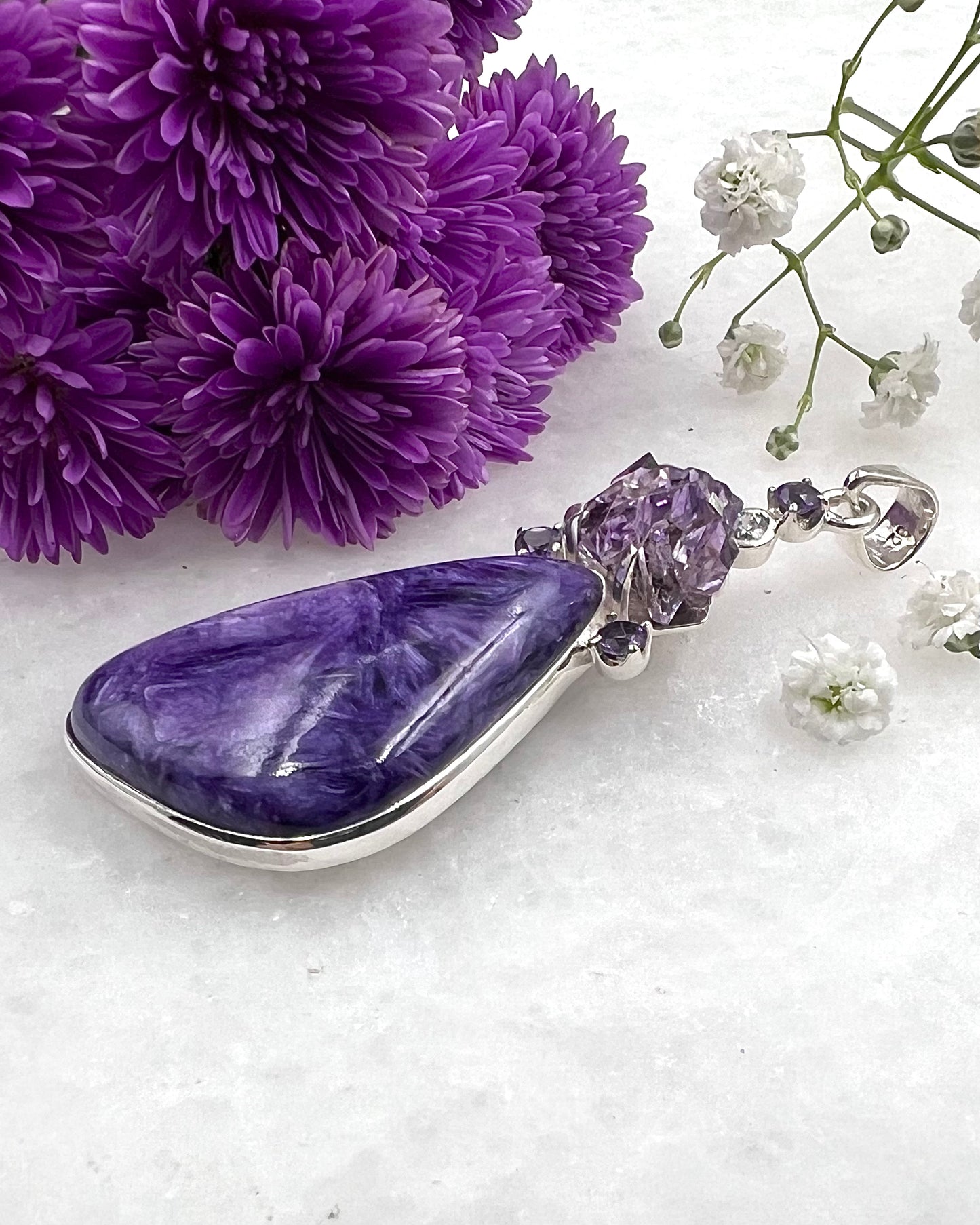 Natural Amethyst Flower with Chariote, Amethyst & CZ Accents as a Combi