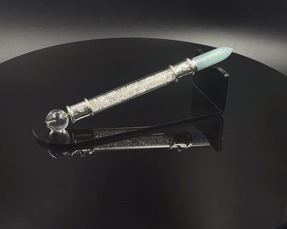 Aquamarine Pocket Power Wand in .925 silver, with Herkimer Diamond filler, CZ Accents and Quartz Sphere in Blue Velvet Bag