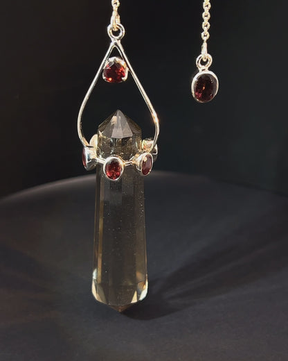 Vogel Cut Double Terminated Smoky Crystal Point w/ 8 Facetted Garnets in .925 Silver Setting  as a Pendulum