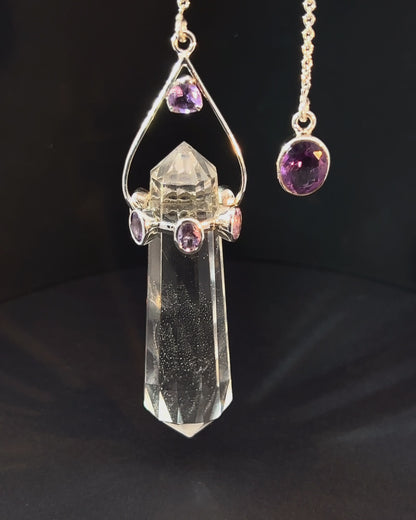 Vogel Cut Double Terminated Crystal Point w/ 8 Facetted Amethysts in .925 Silver Setting  as a Pendulum