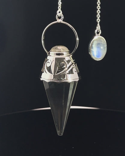 Vogel Cut Crystal Point w/ Rainbow Moonstone Cabochons in Fancy .925 Silver Setting w/ Cutwork Design as a Pendulum