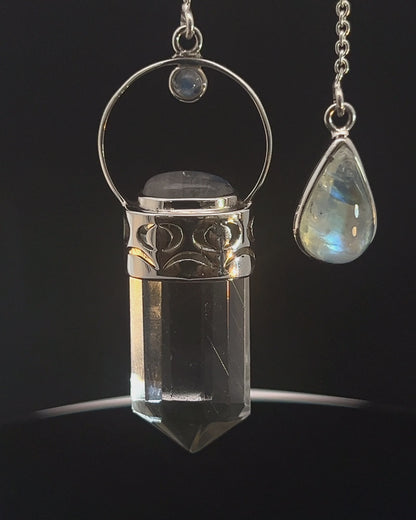 Straight 12 facet  Crystal Point w/ Rainbow Moonstone Cabachons Accents and Finger Loop in Fancy .925 Silver Setting w/ Moon Cutwork Design as a Pendulum