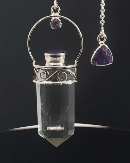 Straight 12 facet Crystal Point w/ Facetted Amethyst Accents in .925 Silver Setting w/ Fancy Cutwork Patterns as a Pendulum