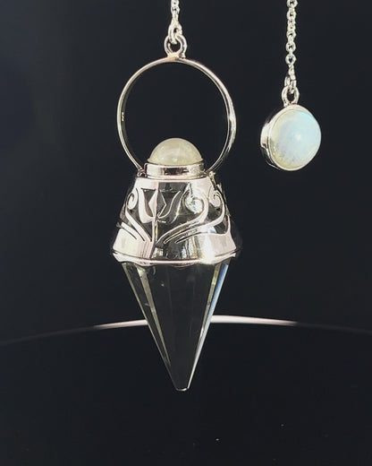 Vogel Cut Crystal Point w/ Rainbow Moonstone Cabachons in Fancy .925 Silver Setting w/ Cutwork Design as a Pendulum