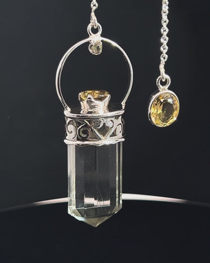 Straight 12 facet Crystal Point w/ Facetted Citrine Accents in .925 Silver Setting w/ Fancy Cutwork Design as a Pendulum
