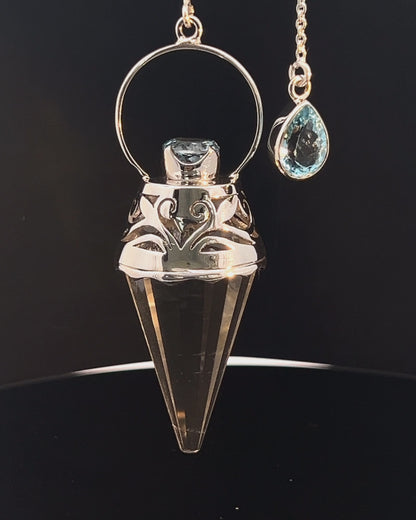 Vogel Cut Crystal Point w/ Facetted Blue Topaz in Fancy .925 Silver Setting w/ Cutwork Design as a Pendulum