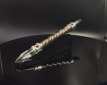 Medium Natural Wood Dorje in 925 Silver with Black Turmaline and Quartz points/ Garnet Accents in Maroon Velvet Bag