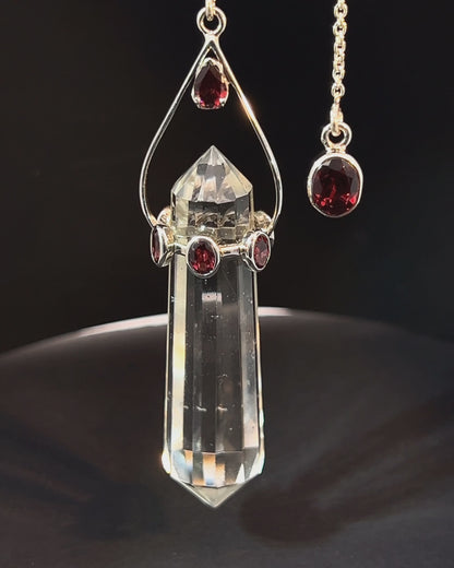 Vogel Cut Double Terminated Crystal Point w/ 8 Facetted Garnets in .925 Silver Setting  as a Pendulum