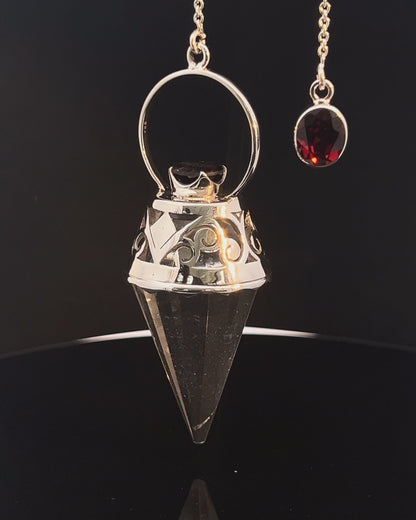 Vogel Cut Crystal Point w/ Facetted Garnets in Fancy .925 Silver Setting w/ Cutwork Design as a Pendulum