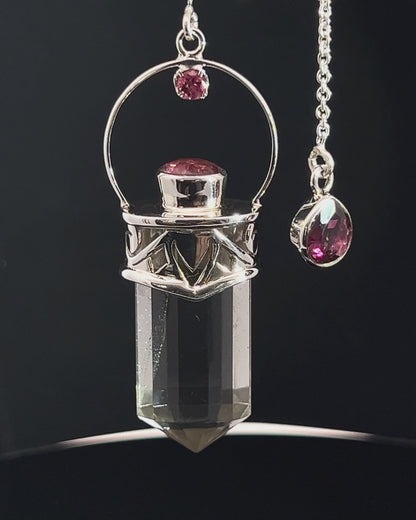 Straight 12 facet Crystal Point w/ Facetted Red Turmaline Accents in .925 Silver Setting w/ Fancy Cutwork Patterns as a Pendulum