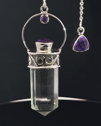 Straight 12 facet Crystal Point w/ Facetted Amethyst Accents in .925 Silver Setting w/ Fancy Cutwork Patterns as a Pendulum