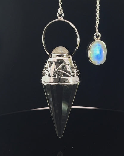 Vogel Cut Crystal Point w/ Rainbow Moonstone Cabachons in Fancy .925 Silver Setting w/ Cutwork Design as a Pendulum