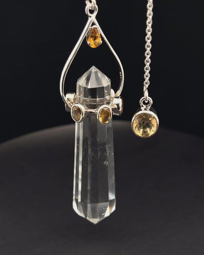 Vogel Cut Double Terminated Crystal Point w/ 8 Facetted Citrines in .925 Silver Setting  as a Pendulum