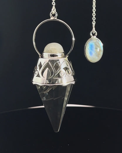 Vogel Cut Crystal Point w/ Rainbow Moonstone Cabachons in Fancy .925 Silver Setting w/ Cutwork Design as a Pendulum