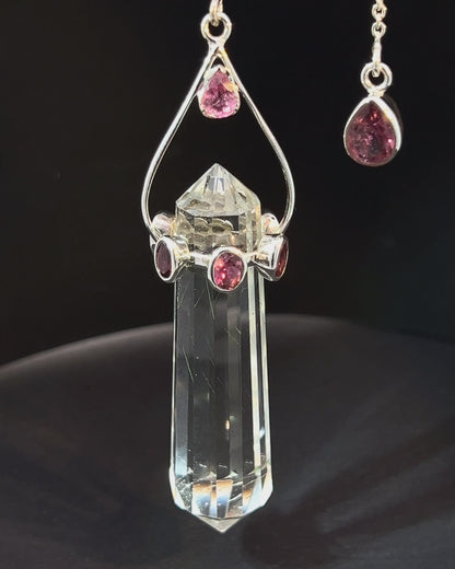 Vogel Cut Double Terminated Smoky Crystal Point with 7 Facetted  Red Turmalines in .925 Silver Setting  as a Pendulum