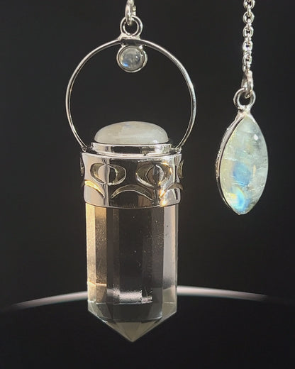 Straight 12 facet  Crystal Point w/ Rainbow Moonstone Cabachons Accents and Finger Loop in Fancy .925 Silver Setting w/ Moon Cutwork Design as a Pendulum
