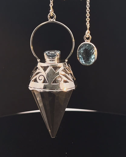 Vogel Cut Crystal Point w/ Facetted Blue Topaz in Fancy .925 Silver Setting w/ Cutwork Design as a Pendulum