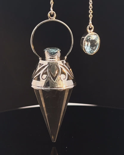 Vogel Cut Crystal Point w/ Facetted Blue Topaz in Fancy .925 Silver Setting w/ Cutwork Design as a Pendulum