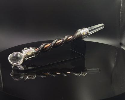 Fire & Water Natural Wood Wand with Copper Core, Silver Rims, Quartz Sphere, in 925 Silver with 6 Rainbow Moonstone Accents with Black Velvet Bag